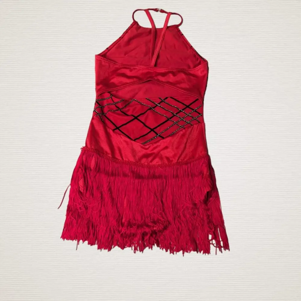 Weissman Girls Red Halter Dance Leotard Fringe Detail  Size MC 10/12